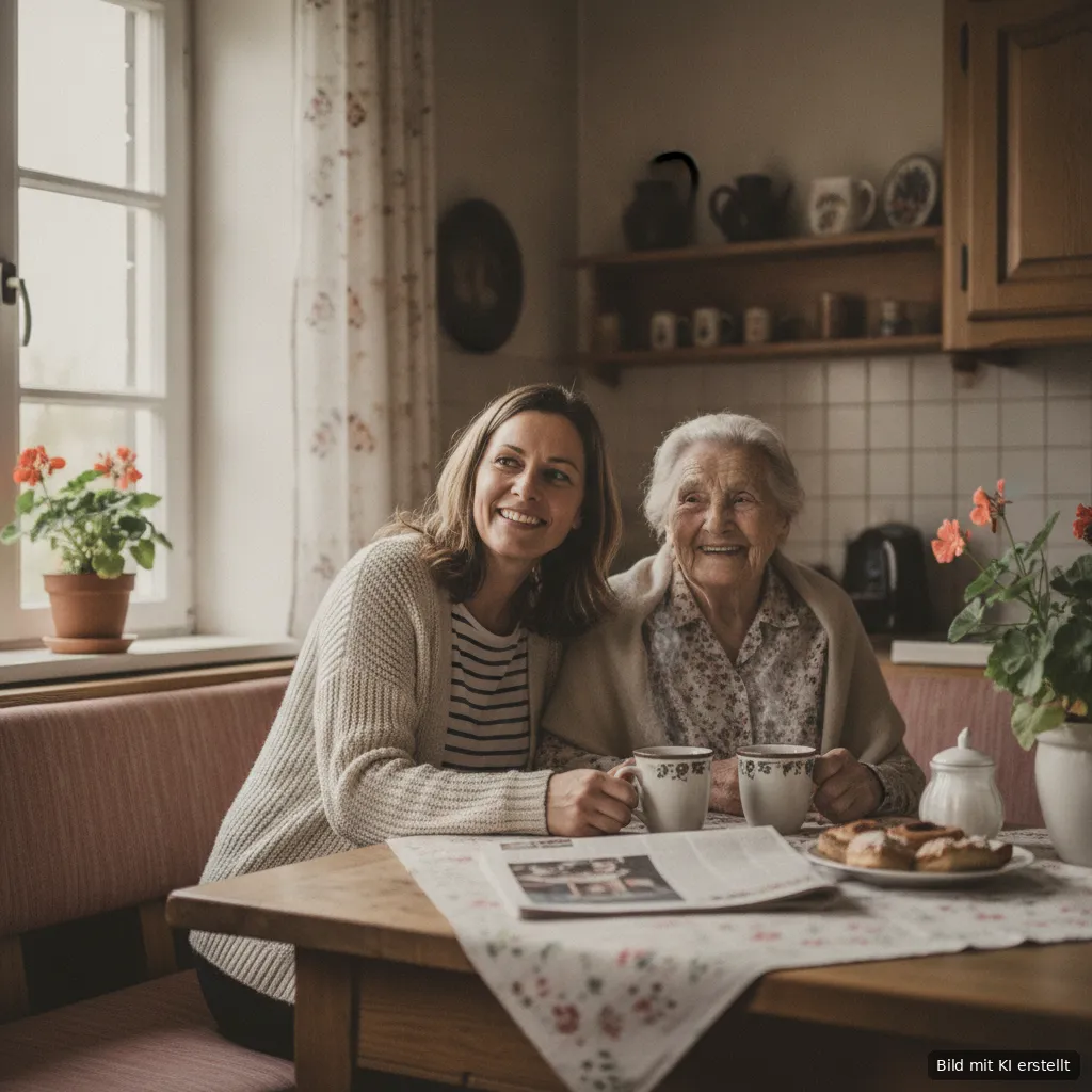Betreuungskraft und Seniorin sitzen lächelnd mit Kaffee am Küchentisch