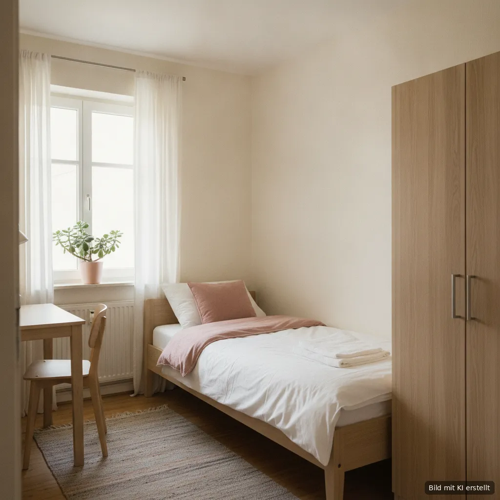 Helles, schlicht eingerichtetes Gästezimmer mit Einzelbett, Schreibtisch und Kleiderschrank