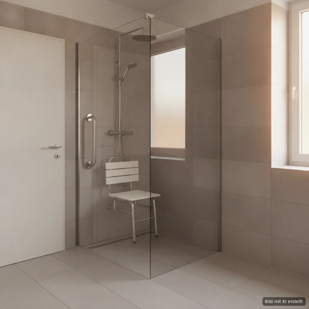 Barrierefreies Bad mit bodengleicher Dusche, Glaswand, Haltegriff und Duschsitz