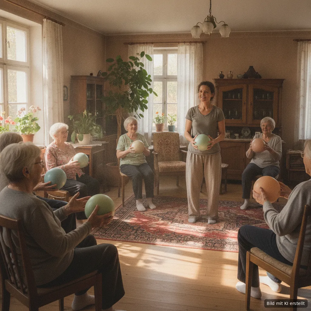 Seniorinnen machen im Stuhlkreis Gymnastik mit bunten Bällen, angeleitet von einer Therapeutin