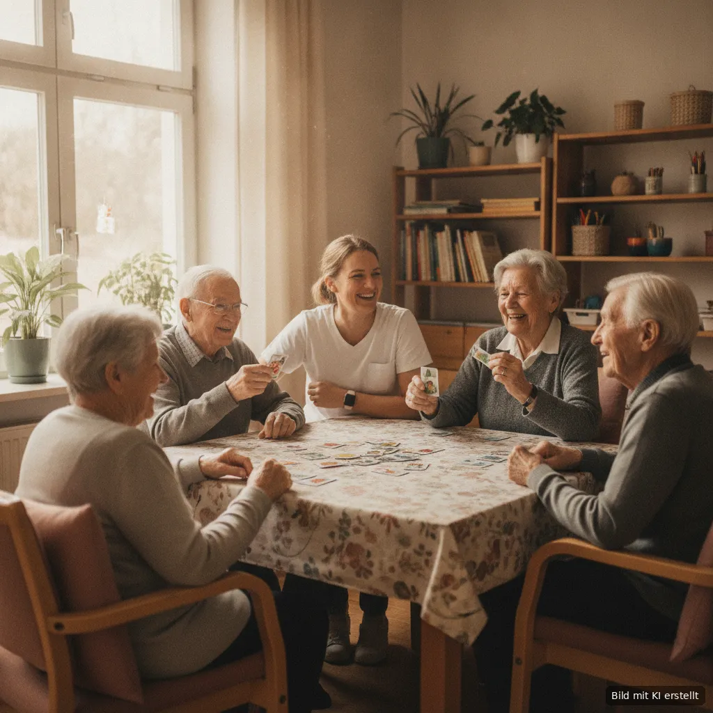 Seniorinnen und Senioren spielen mit einer Betreuerin lachend ein Kartenspiel am Tisch