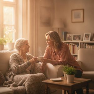 Haushaltshilfe beim pflegedienst — warme Atmosphaere, pflegende Angehoerige zu Hause